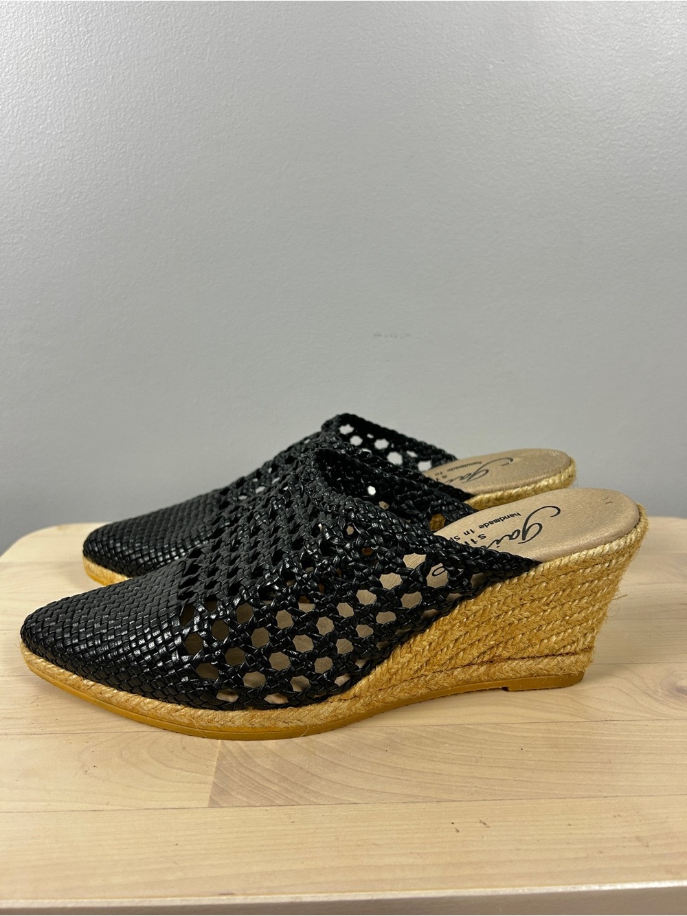 GAIMO Woven Leather Espadrille Wedges Black Sz 38 Made in Spain Summer Event